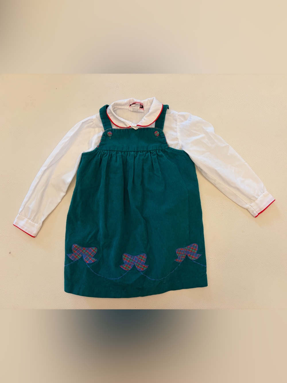 Vintage 90s Green Corduroy Jumper Dress with Bow Appliqués, white button down